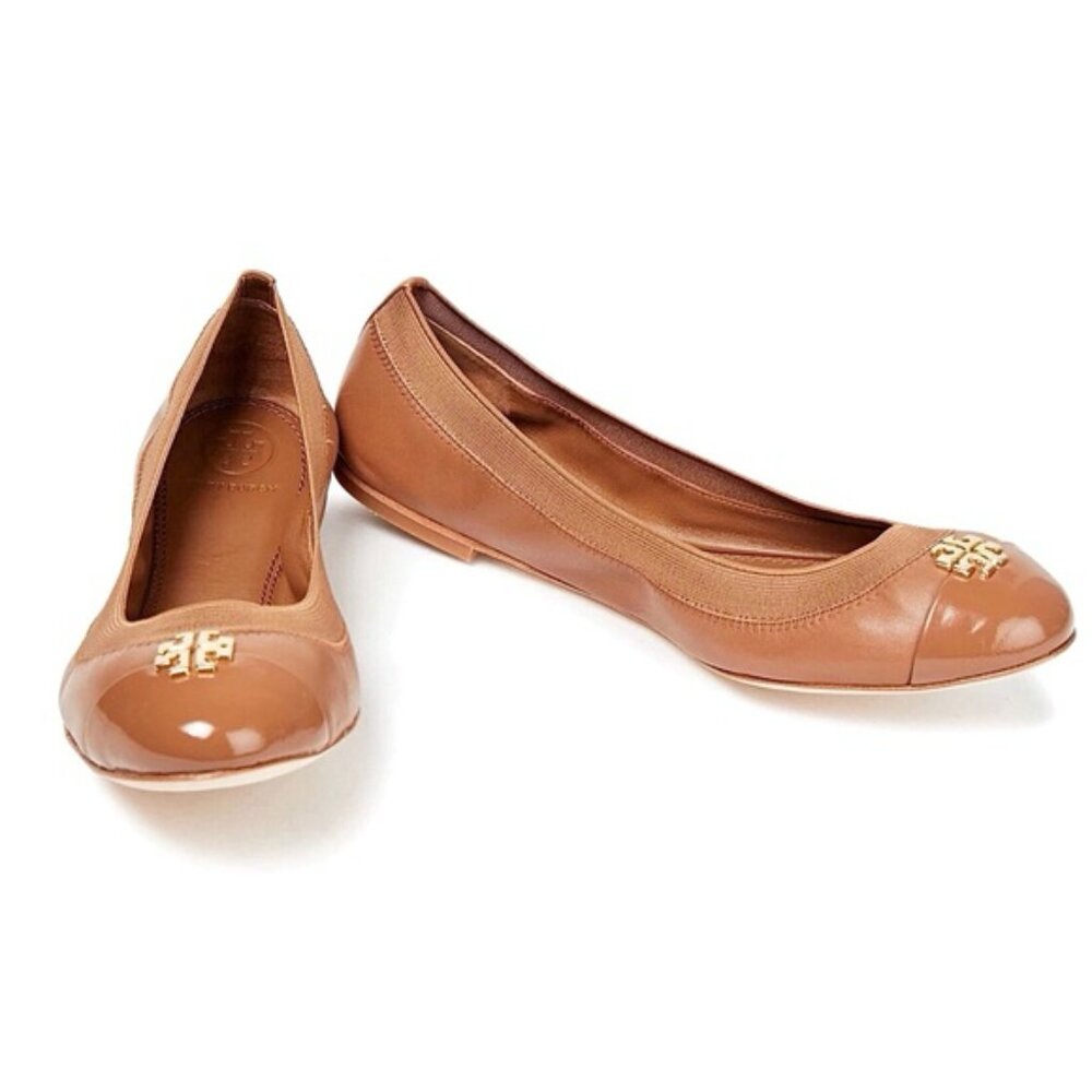 TORY BURCH Jolie Beige Patent Leather Cap-toe Gold Logo Ballet Flats Sz 6.5 M